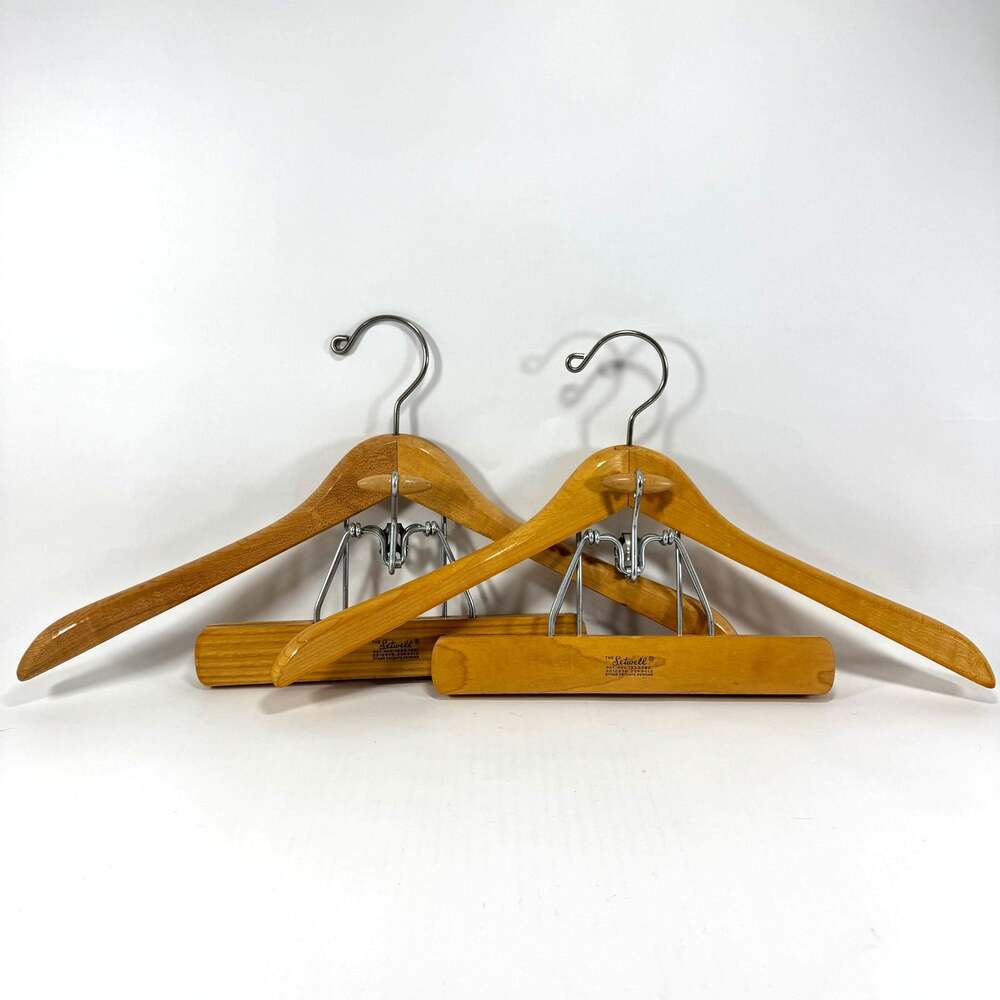 2 Vintage The Setwell Wooden Suit Hangers Coat Pants Clamp Mid Century Wood 18"